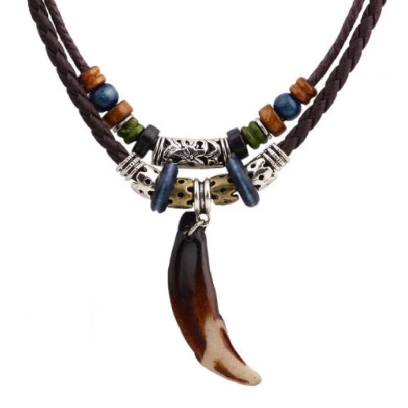Tooth Pendant Woven Leather Necklace