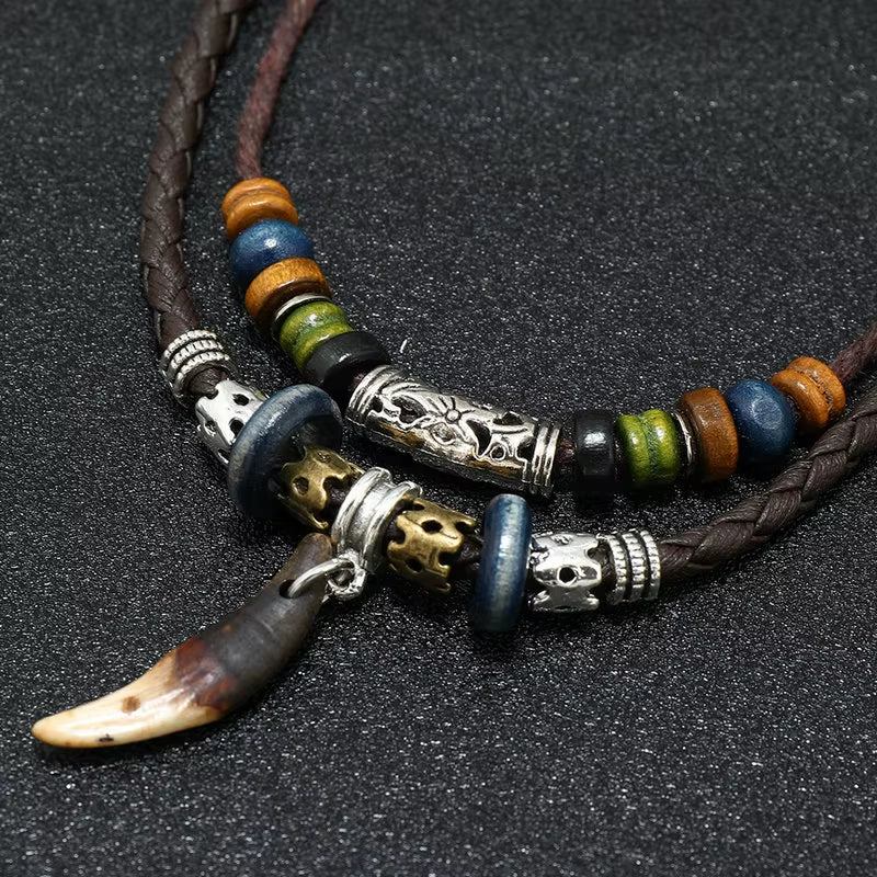 Tooth Pendant Woven Leather Necklace