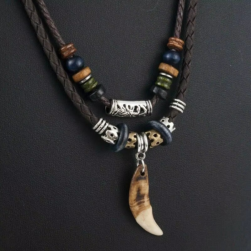 Tooth Pendant Woven Leather Necklace