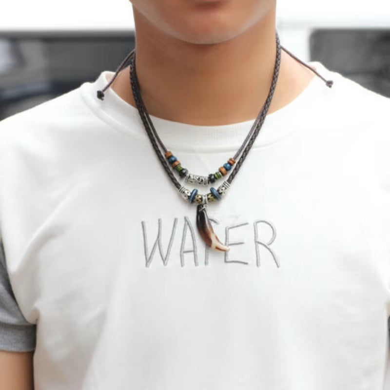 Tooth Pendant Woven Leather Necklace
