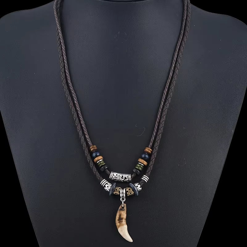 Tooth Pendant Woven Leather Necklace