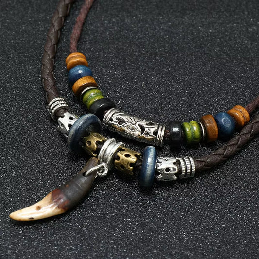 Tooth Pendant Woven Leather Necklace
